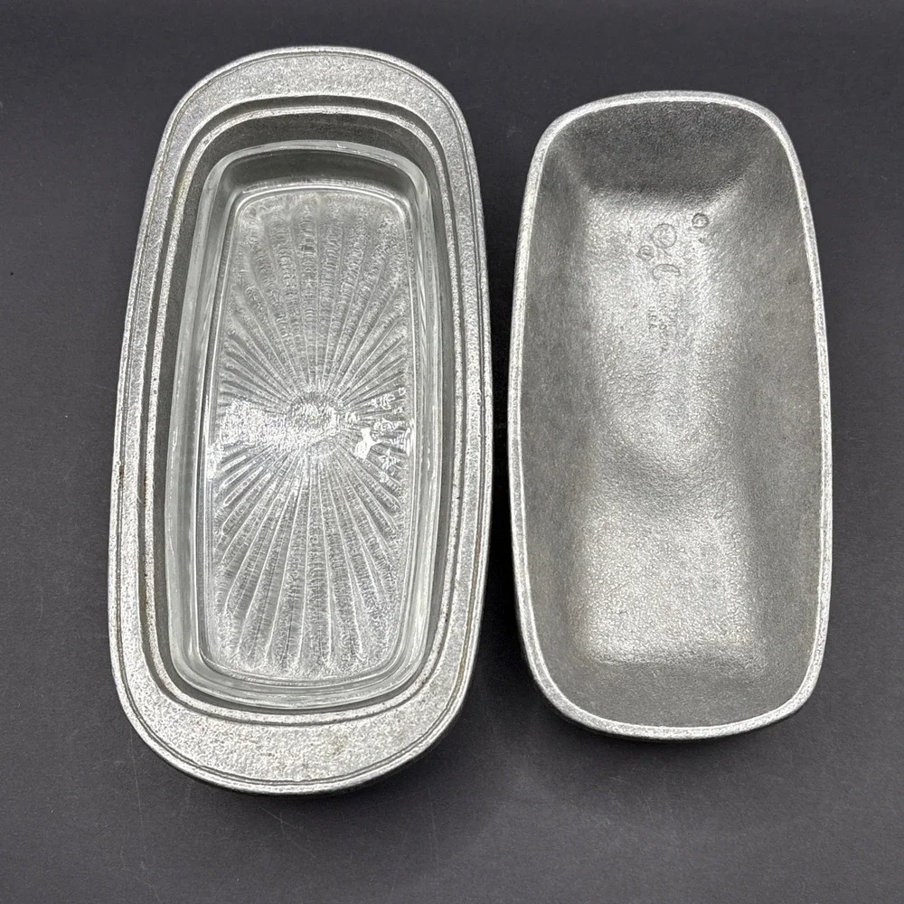 Complete 3-Pc Signed Wilton Armetale Pewter Tavern Butter Dish Glass Liner